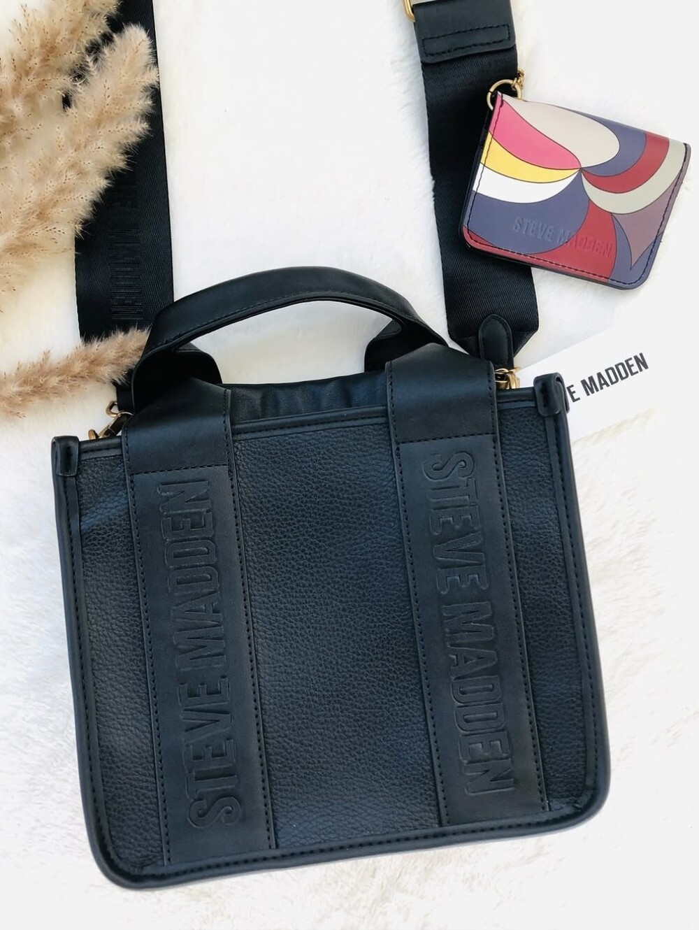 Steve Madden Black Leather Embossed Crossbody Tote